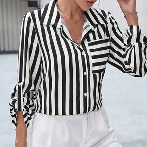 Women’s Black &White Striped Print Roll Tab long Sleeve Shirt, sz xs. Brand New!
